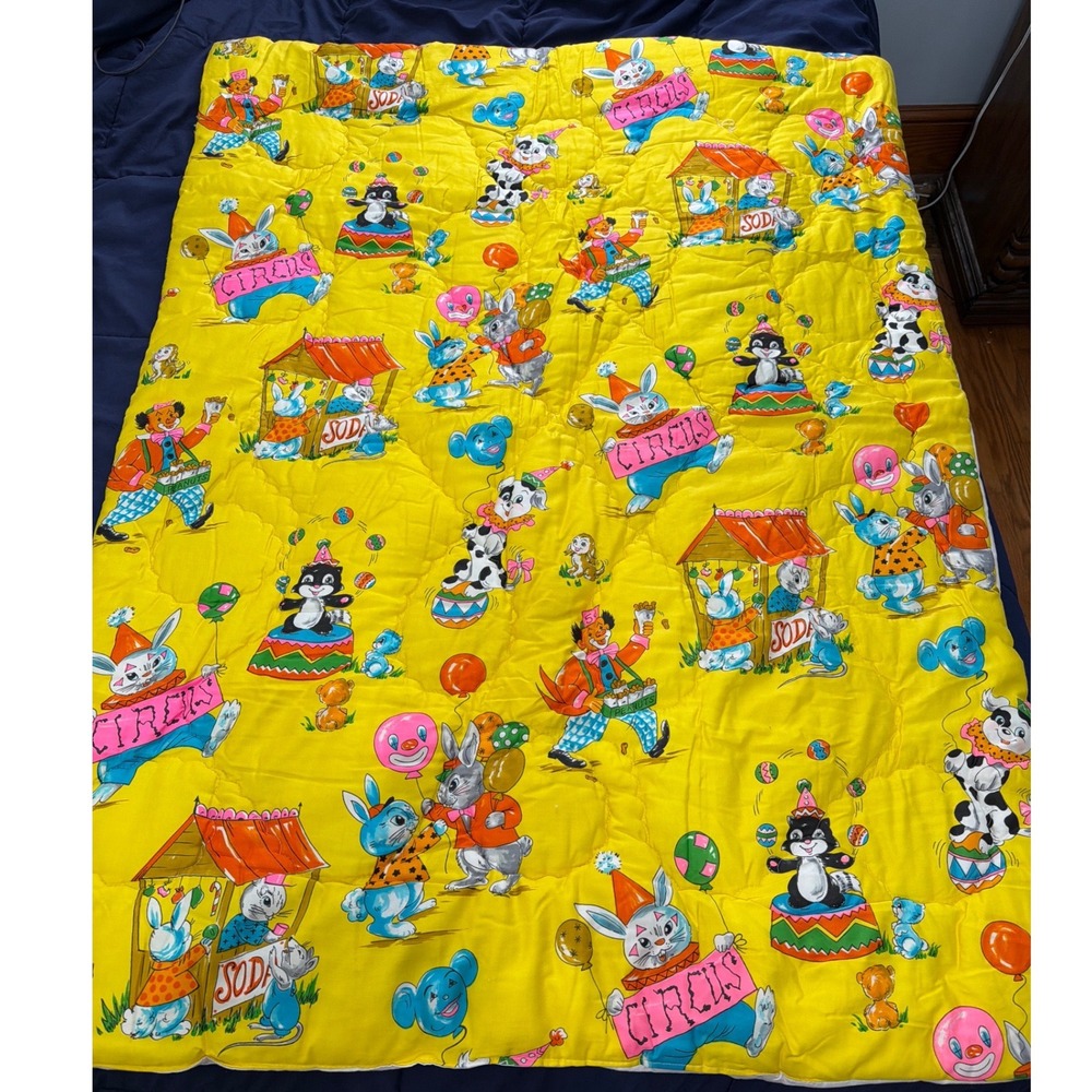 Vintage 70s Circus Quilt CribYellow Retro Carnival Animal Print 41x55 Kitsch